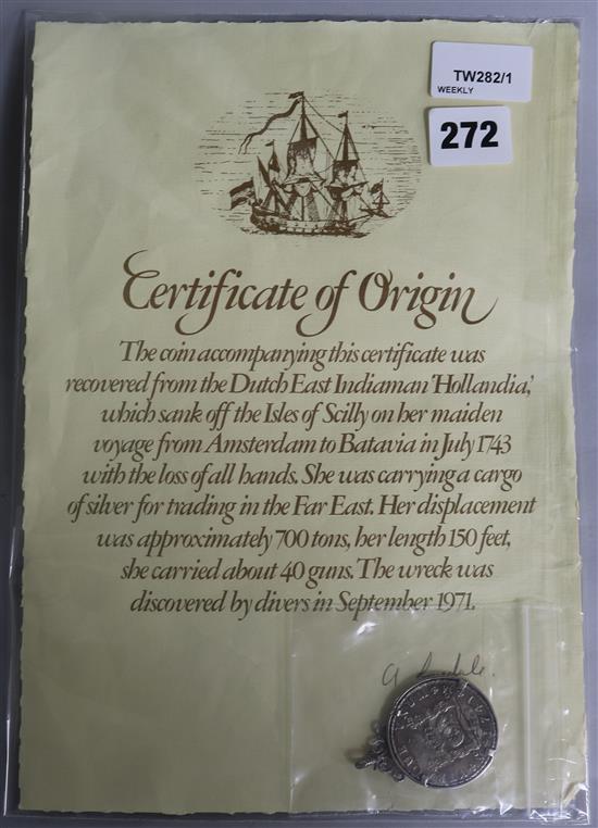 Hollandia wreck, a Philip V silver 8 Reales, minted in Mexico, 1741, in sterling silver inscribed mount, with Certificate of Origin